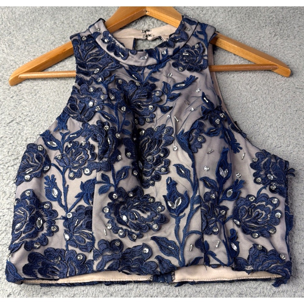 Sequin Hearts Top Womens Size 11 Medium Blue Floral Tan Lined Beaded Top